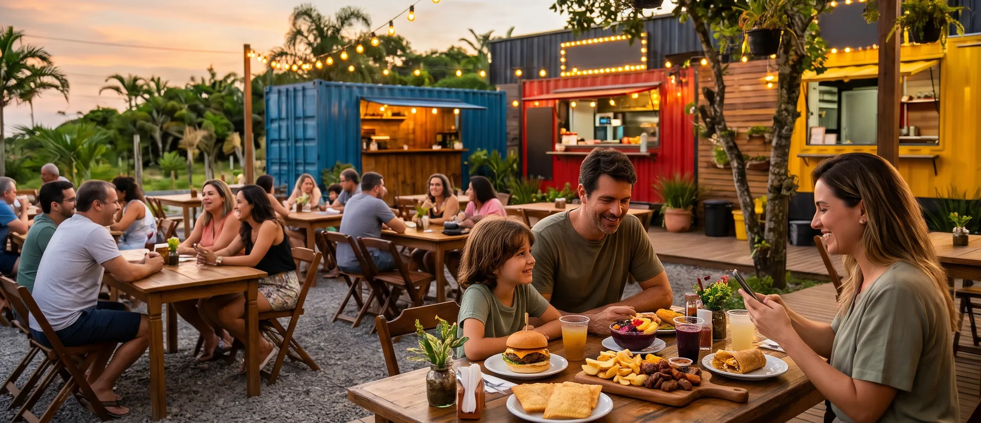 Família pedindo pelo celular na mesa de um food park ao entardecer